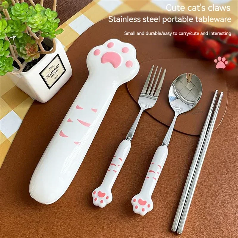 

Stainless Steel Portable Tableware Set, Creative Cartoon, Cat Claw, Storage Box, Fork, Spoon, Chopsticks, Three Sets