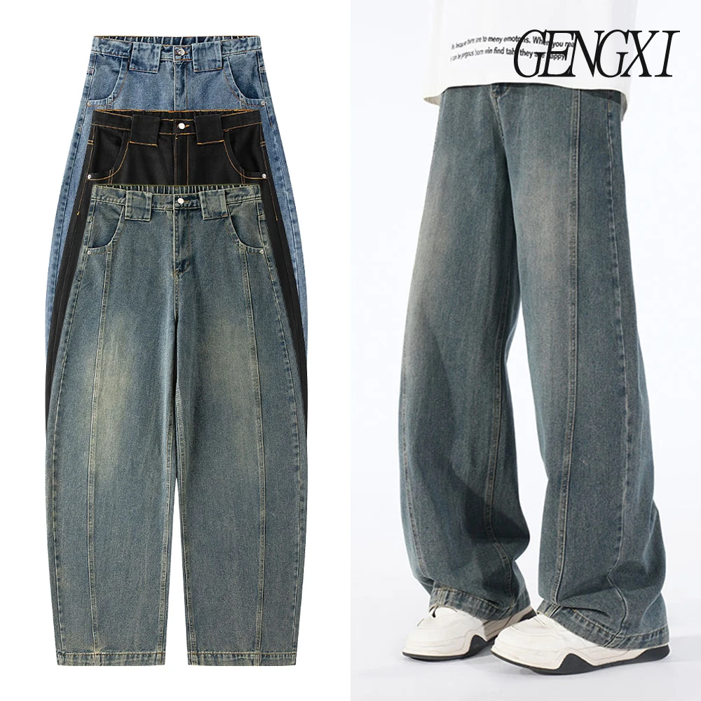 

New Men's High Street Bent Knife Wide Leg Jeans Deconstructed Design Washed and Aged Y2K Casual Drag Trousers Vintage Fashion