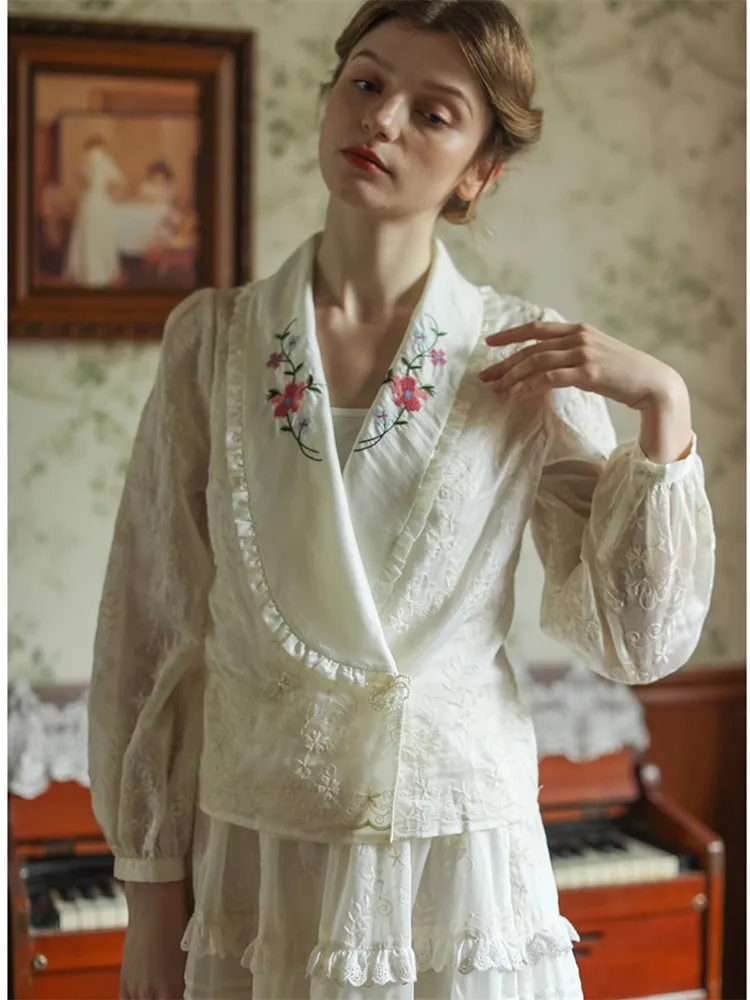 Spring Summer Fall Blouses Women Elegant Slim Cross Stitch Embroidery Handmade Beading Thin Lyocell Shirts/Blouses