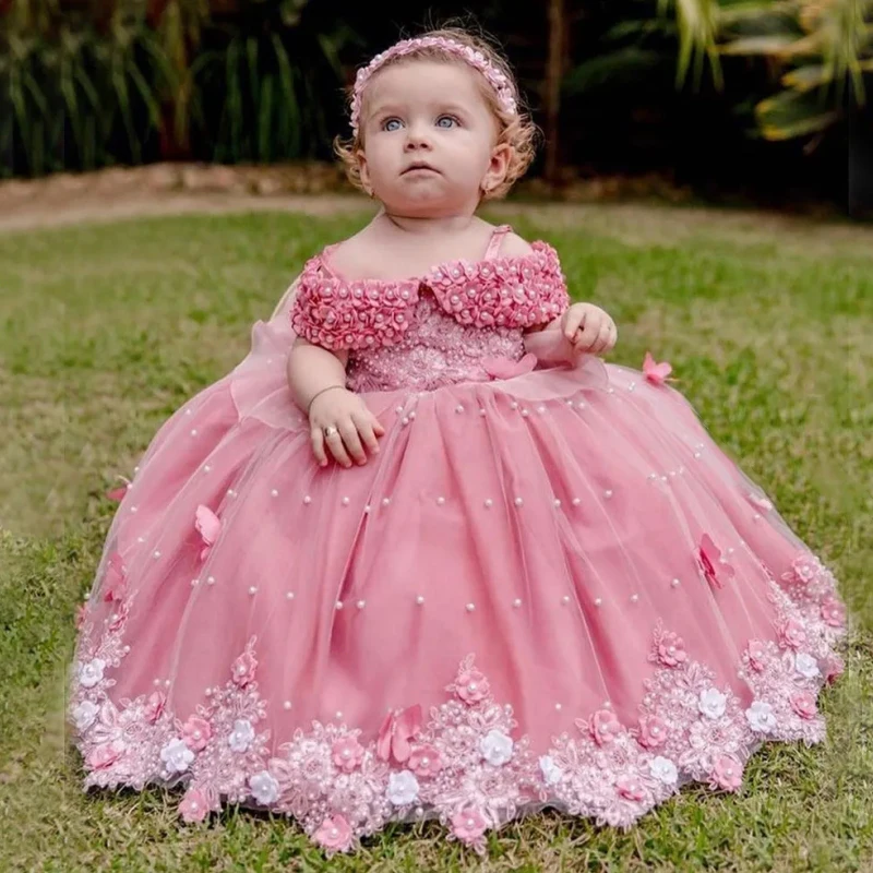 Vestidos de flores rosas para niña, tul, perlas, mariposa, flores, Manga corta para boda, fiesta de cumpleaños, banquete, vestidos de princesa