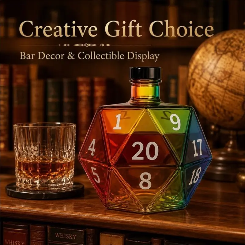 D20 Die-Shaped Glass Decanter-Rainbow Whiskey Bottle, A Polyhedral Decanter Suitable For Whiskey And Other Spirits