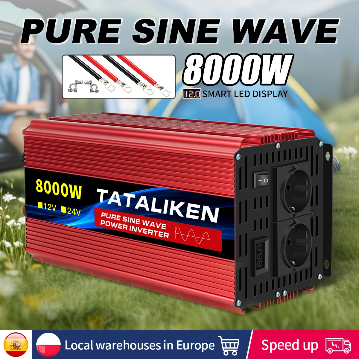 6000 W/8000 W/10000 W EU-Buchse 12 V zu AC 220 V 50 Hz reiner Sinus-Wechselrichter Auto-Stromversorgungsspannung tragbarer Konverter mit LED