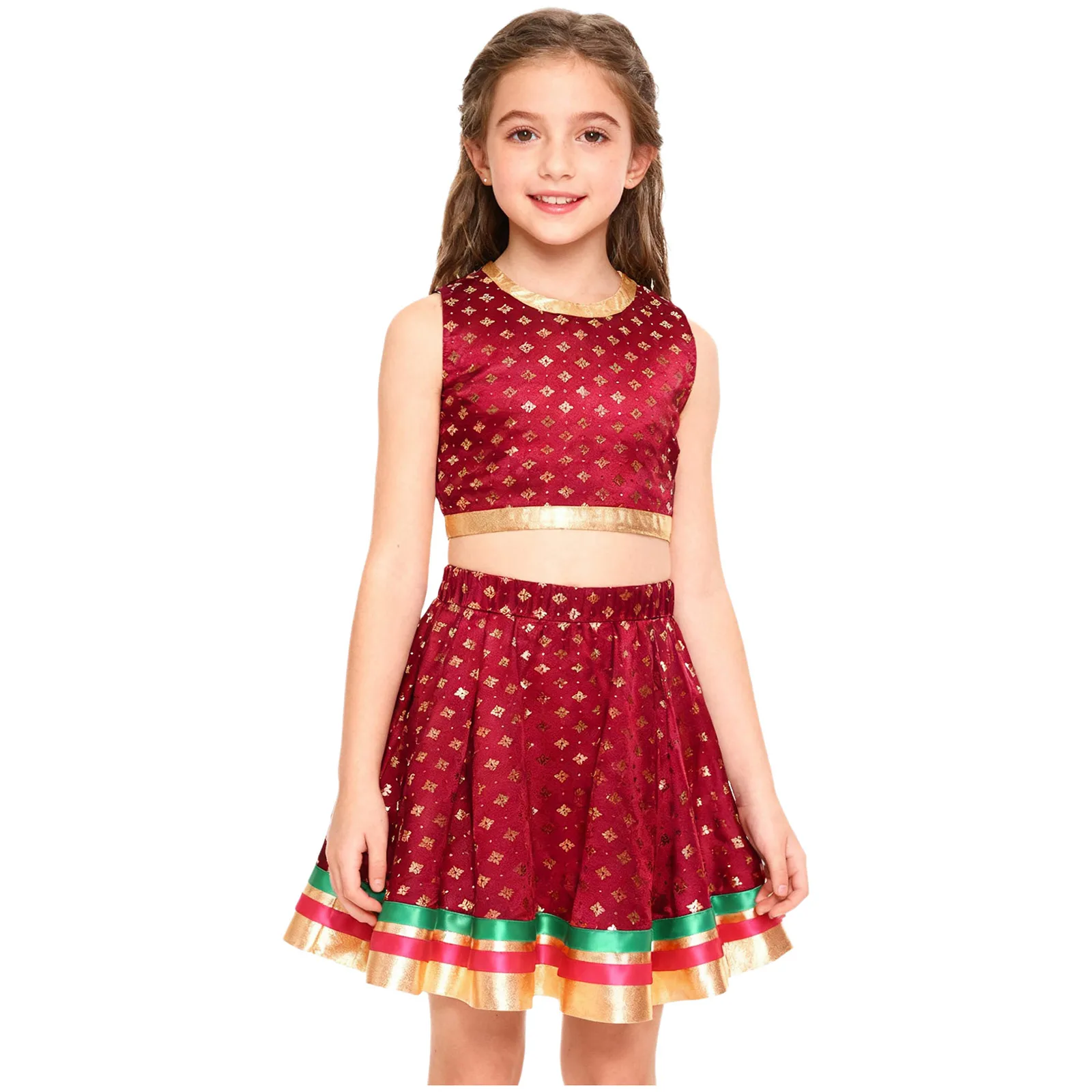 Strój taneczny dla dziewczynek, indyjski lehenga choli, satynowy brokat ze złotymi motywami, krótki top i spódnica, kostium taneczny.
