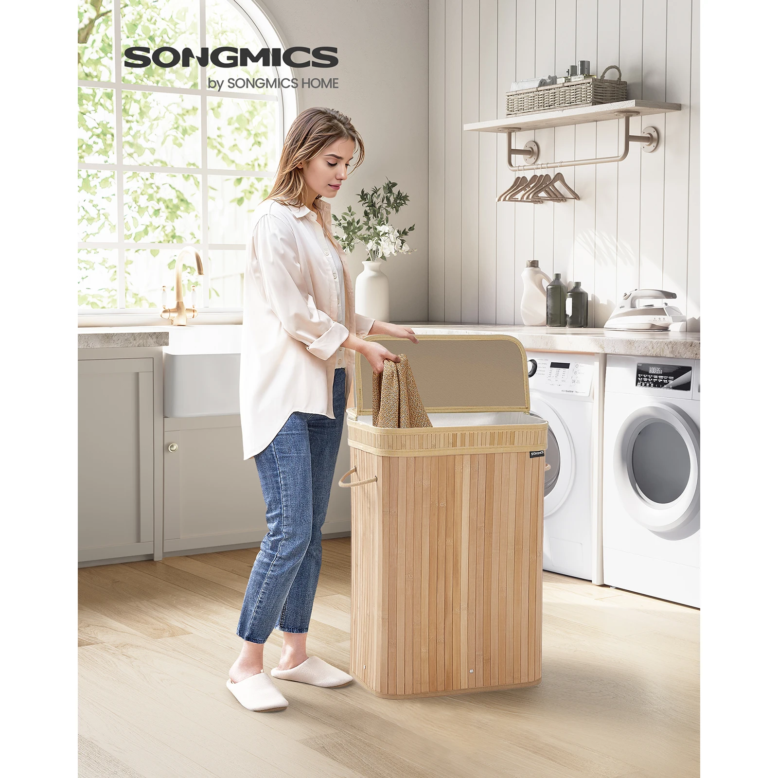 SONGMICS Laundry Hamper with Lid, Bamboo Laundry Basket, Removable Machine Washable Hamper Basket, with Handles, 72 L