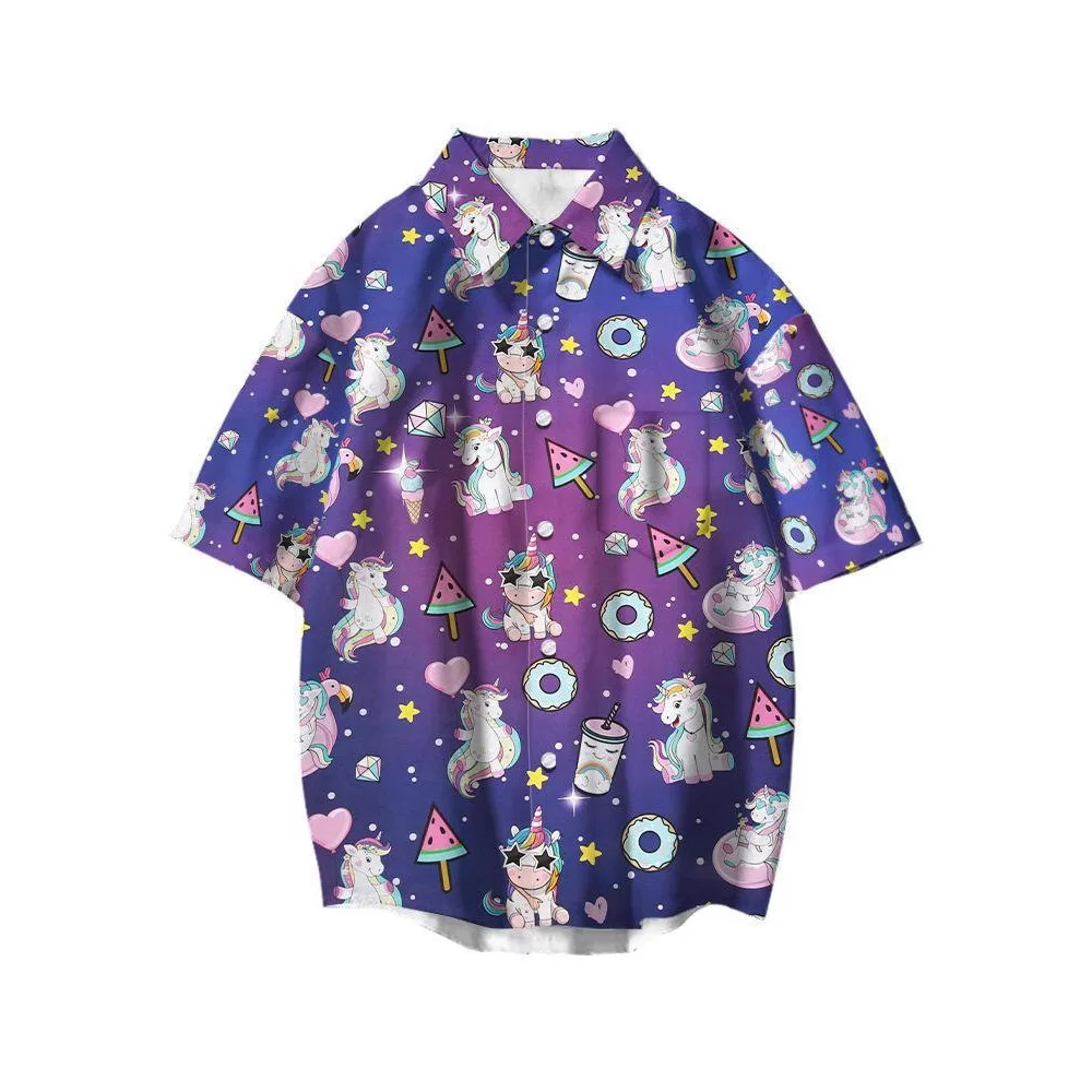 Anime cartoon graffiti surrounding 3D digital printing summer lapel men's loose shirt casual short sleeve top