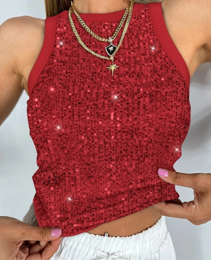 

Fashionable New Vest Allover Sequin O-Neck Sleeveless Tank Tops Slim Fitted Shirt Sexy Casual Retro Elegant Vest for Women