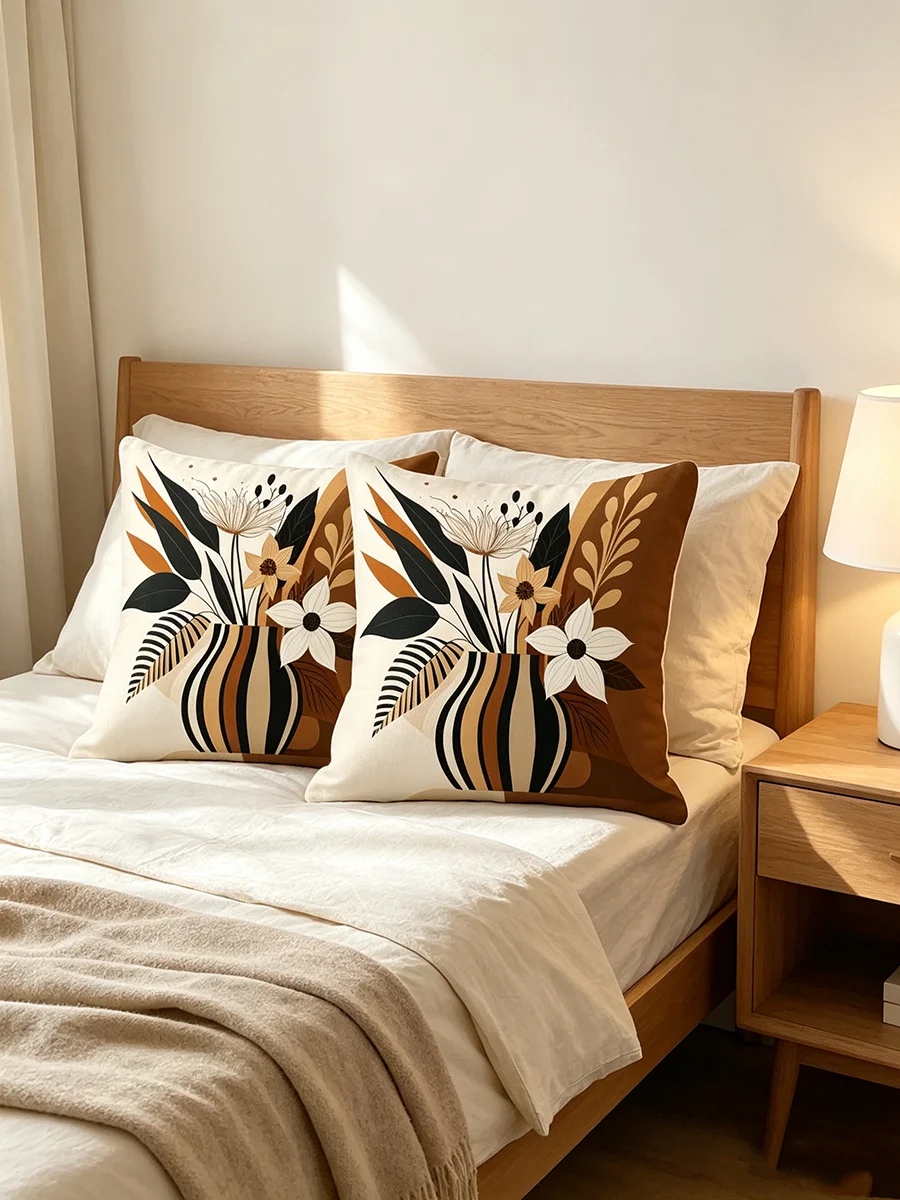 2PCS Boho Vase Floral Print Throw Pillows, Neutral Xmas Decor Cushions for Sofa Couch Bedroom Farmhouse Living Room Home Decor