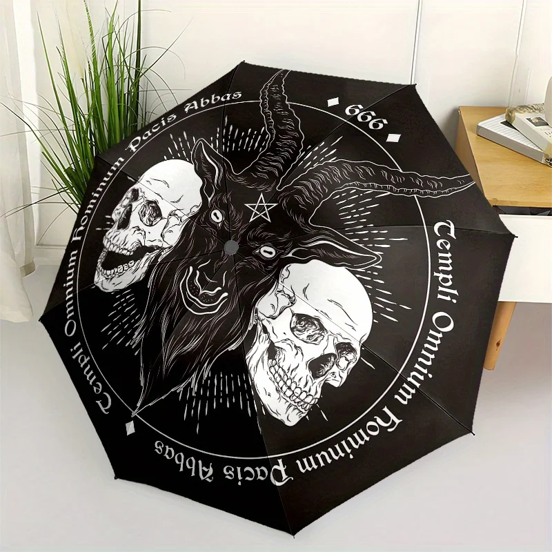 

Occult Gothic Umbrella - Black Automatic Open/Close Compact umbrella with Baphomet Goat Head, Pentagram & Skulls - Gothic Sata