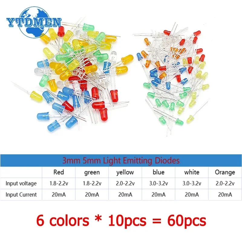 60 Stück LED-Dioden 5 mm 3 mm F3 F5 LED-Leuchtdioden-Set Rot Orange Gelb Grün Blau Weiß 6 Farben