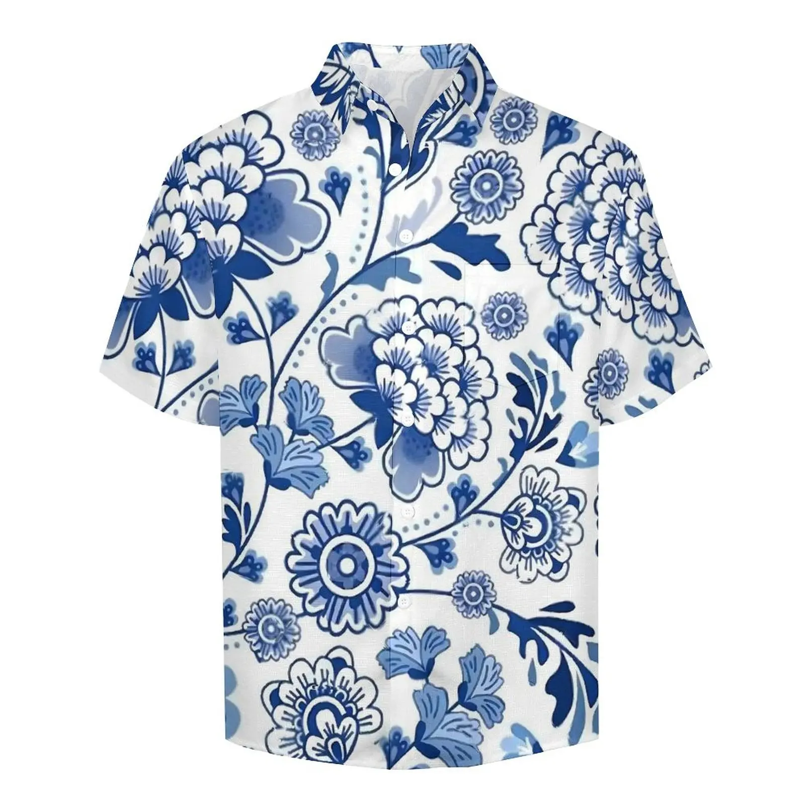 Blue Flower Loose Shirt Men Vacation Chinese Porcelain Design Casual Shirts Summer Graphic Short Sleeve Fashion Oversize Blouses