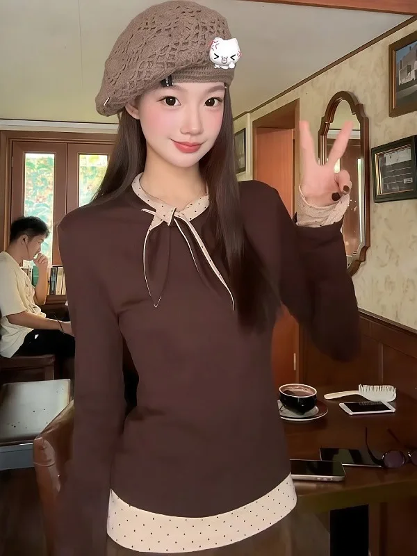 

Женская футболка больших размеров с длинным рукавом и узлом на горловине, осенне-зимний облегающий базовый топ в корейском стиле