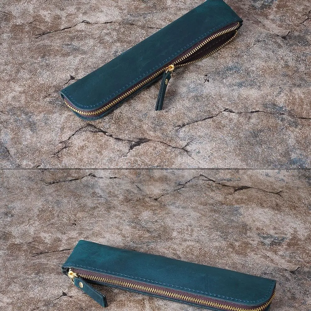 Ретро пенал на молнии из воловьей кожи, держатель для карандашей, чехол для ручек ручной работы, высококачественная кожаная сумка для ручек, школьные канцелярские принадлежности