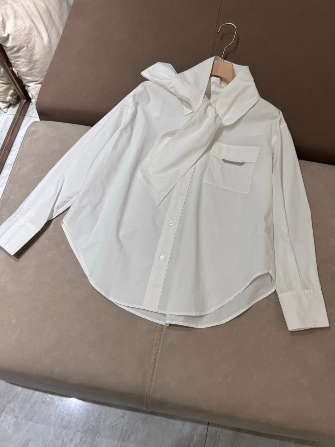 

New Classic Women'S Cotton Long-Sleeved Shirt With Tie, Fashionable And Versatile, Elegant And High Quality