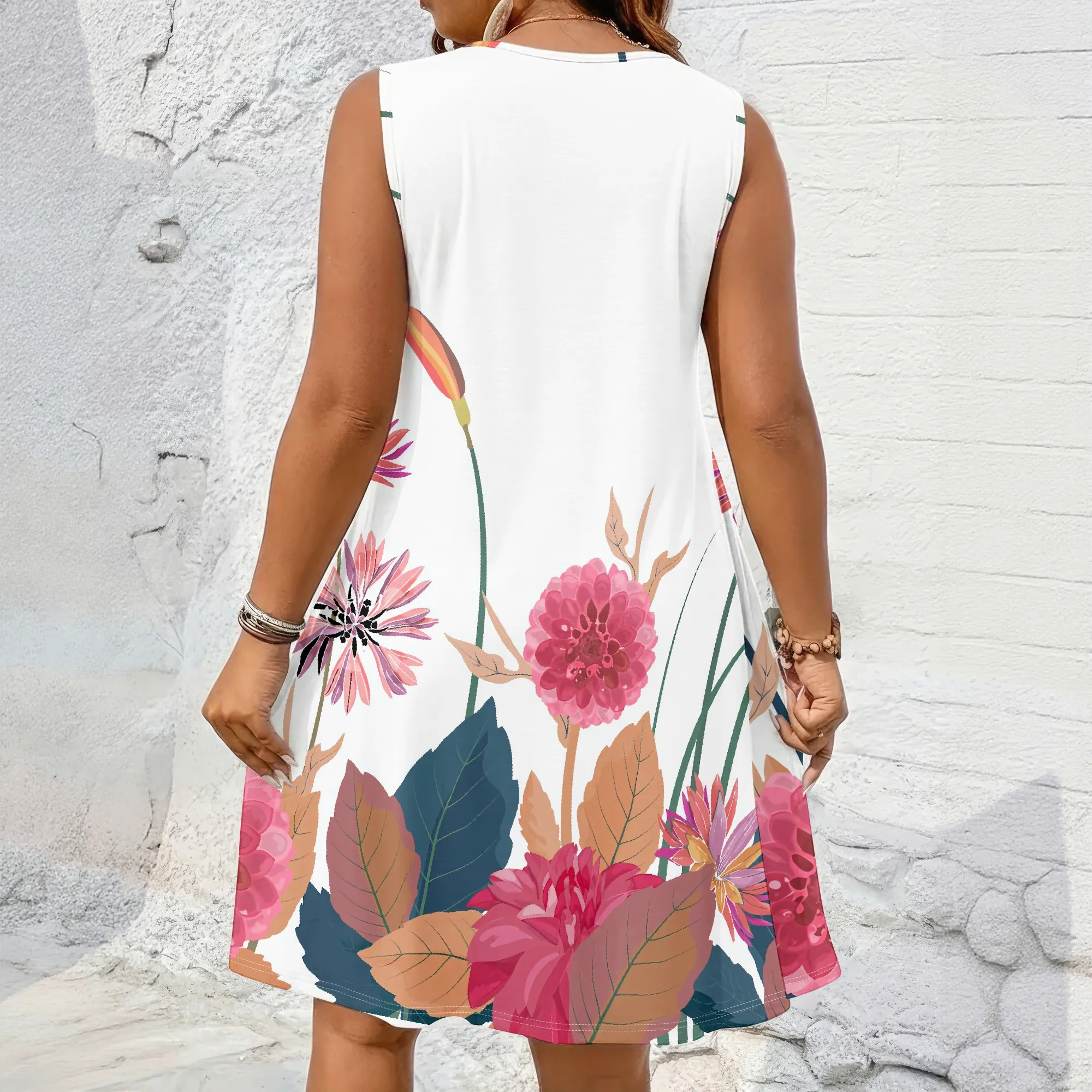 Blumenkleid mit V-Ausschnitt, Ärmellos, Rosa Blumendruck, Sommer-Shift-Kleid, Lässige Strand- und Urlaubskleidung für Damen, XL-5XL – Detail 5