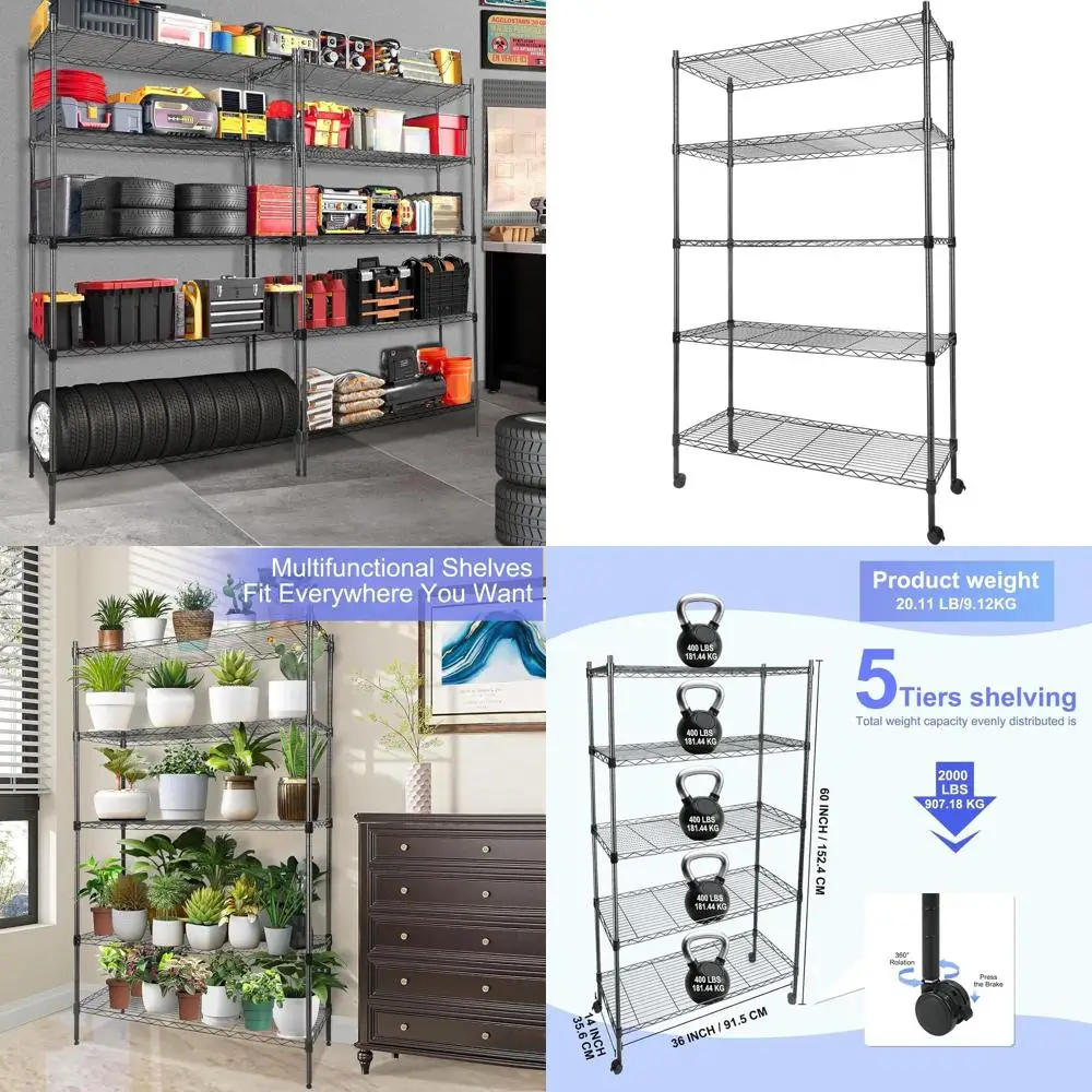 

5-Tier Heavy-Duty Metal Shelving Unit with Wheels, Adjustable Feet, 400 lbs Capacity per Shelf, Up to 2000 lbs Total, 36L x 14W
