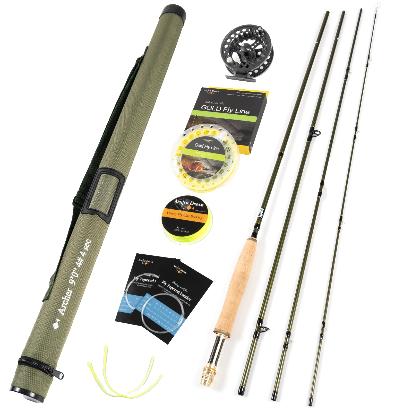 

9FT 4WT 4Pieces Carbon Archer Fly Fishing Rod&3/4WT Black Reel Gold Line Combo Green Fly Rod Graphite 10 / 36T Carbon Fiber