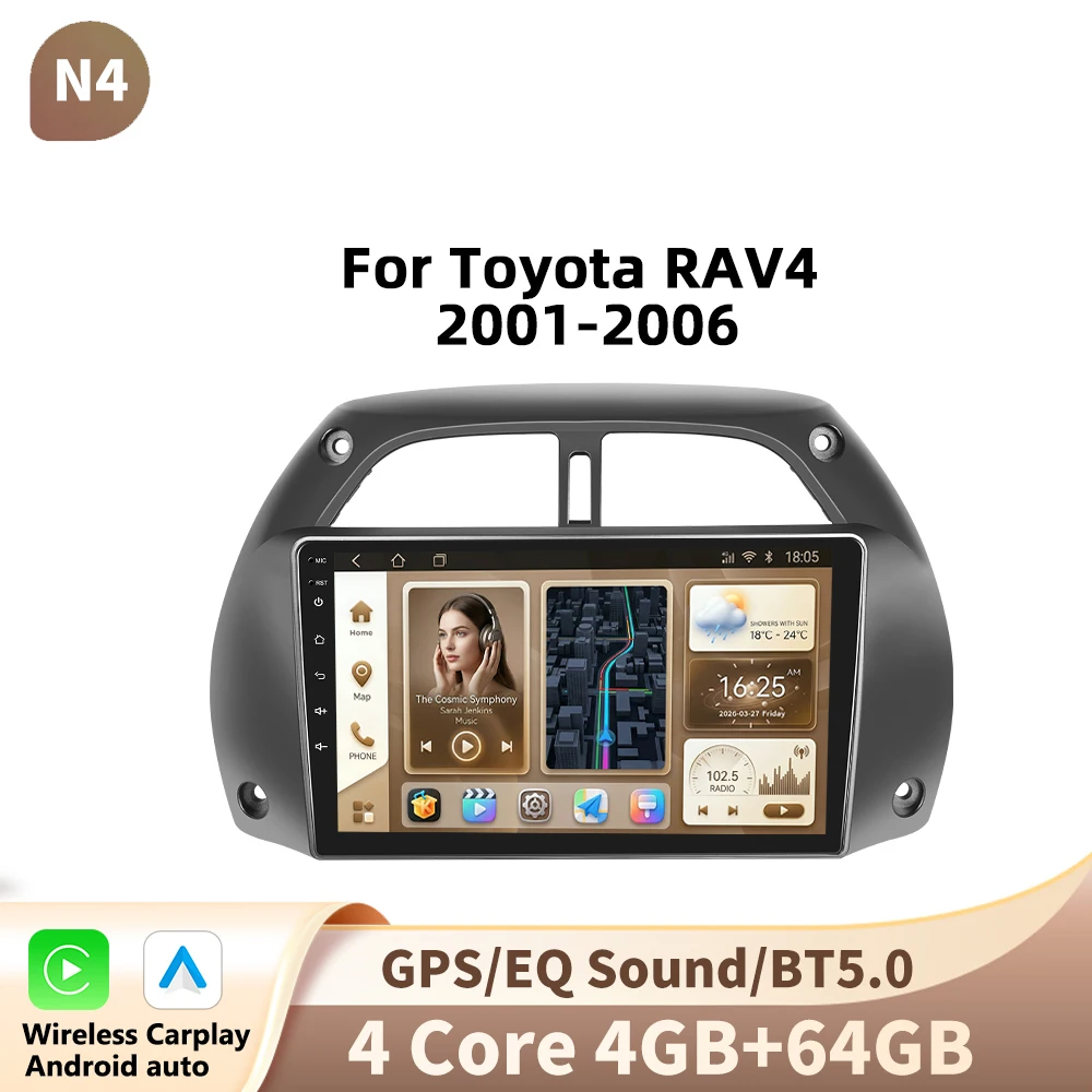 Podofo draadloze CarPlay voor Apple Android Auto autoradio voor Toyota RAV4 2001-2006 2din GPS multimedia touchscreen