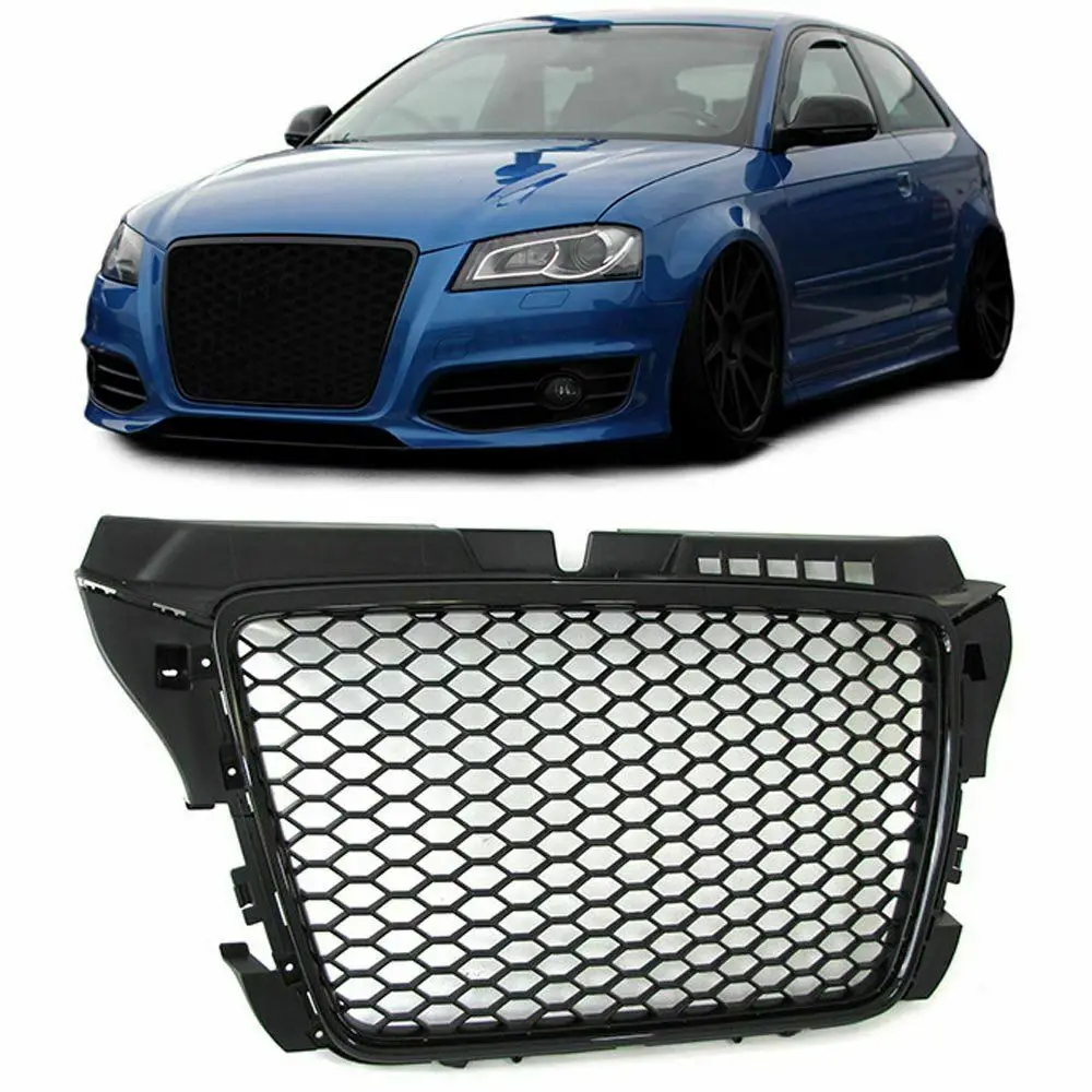 RS3 Style Front Sport Hex Mesh Honeycomb Hood Grill Gloss Black for Audi A3/S3 8P 2009 2010 2011 2012 2013 Front Center Grill