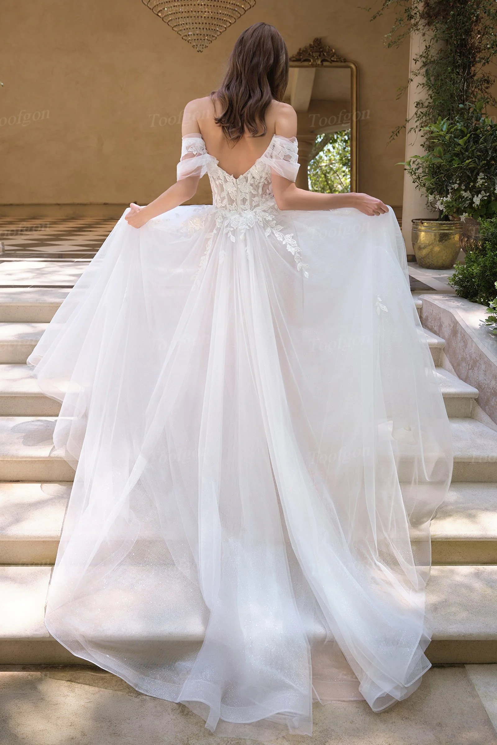 ชุดแต่งงานแบบโบฮีเมียนประดับลูกไม้ Toofgon Shiny พร้อมเสื้อซีทรูสำหรับงานเลี้ยงหรืองานแต่งงาน ชุดเจ้าสาวแบบยาวสไตล์คันทรี