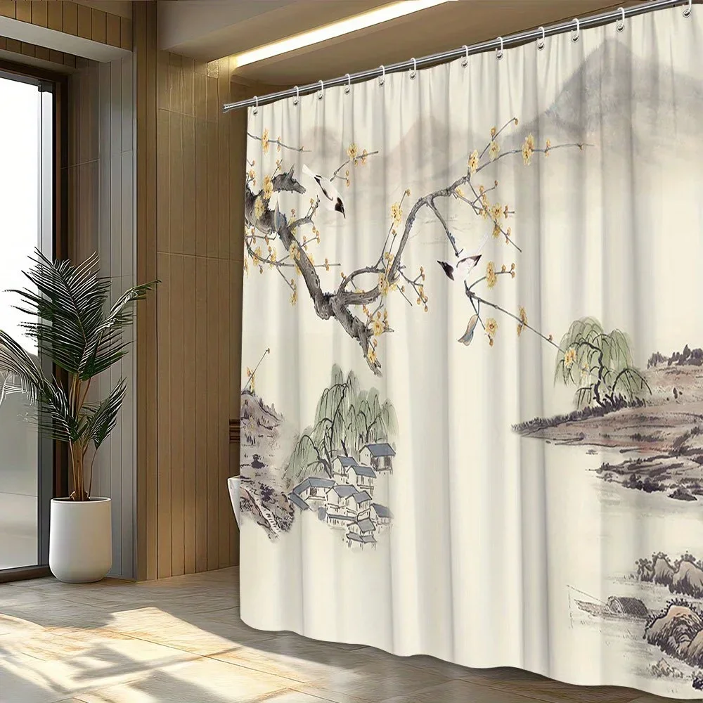 Chinese Willow Shower Curtain-Bathroom Curtains, Yellow Flowers, Foggy Mountains Bathroom Decorative Shower CurtainVVV