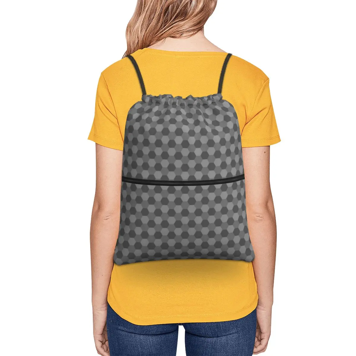 Mochilas hexagonais portáteis com padrão cinza, saco de cordão, bolso multifuncional, sacos de sapatos para estudantes escolares