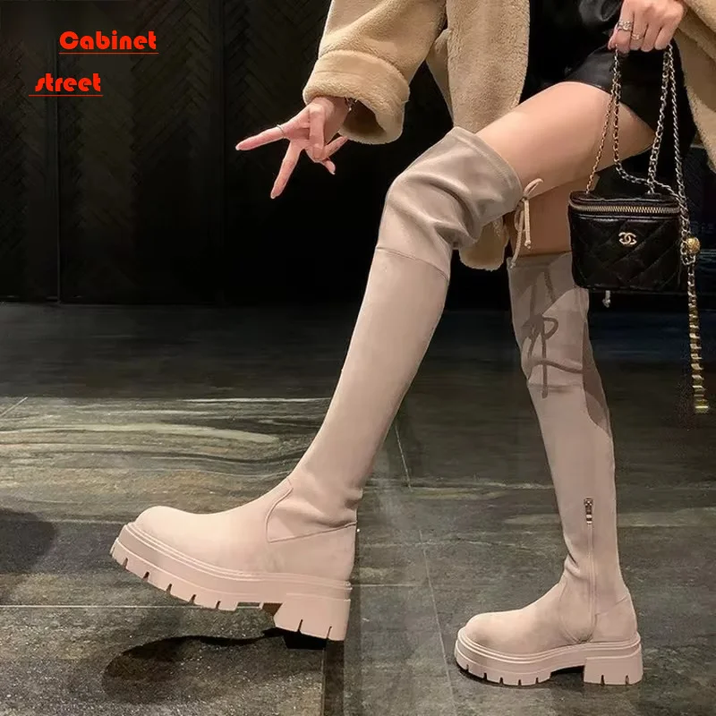 

2024 New Autumn Winter Thick Soled Over Knee Elastic Thigh High Boots Women Thick Heel Suede Skinny Small Strap Shoes Female