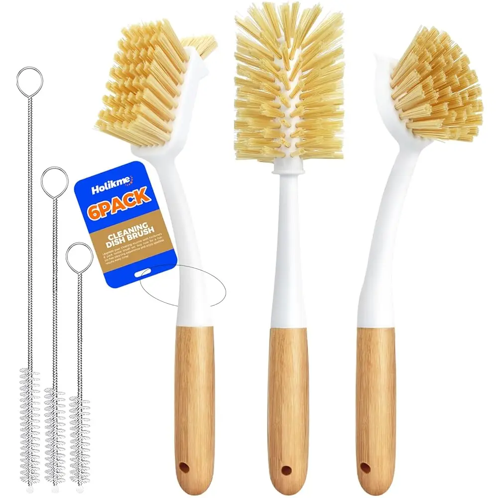 6 Pack Dish Brush Set with Bottle Brush, Dish Scrub Brush, Pan Brush and 3 Straw Brushes, Deep Cleaning Handle Brush with Sc