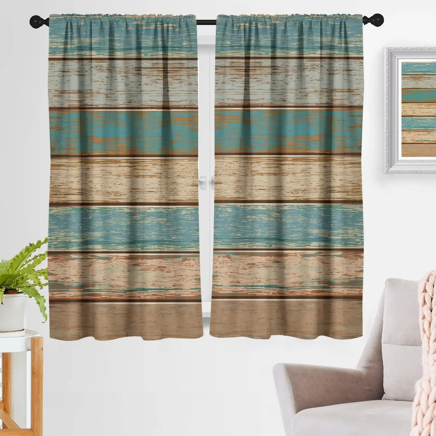 Rustic Window Curtain Western Teal and Brown Turquoise Green Southwestern Retro Wood Barn Door Cabin Curtains for Bedroom Living