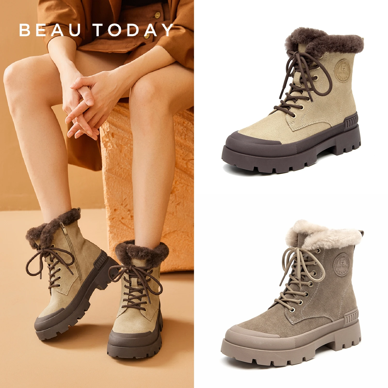 BeauToday Platform Boots Women Cow Suede Ankle Length Zip Lace-up Round Toe Winter Ladies Thick Sole Shoes Handmade C08215