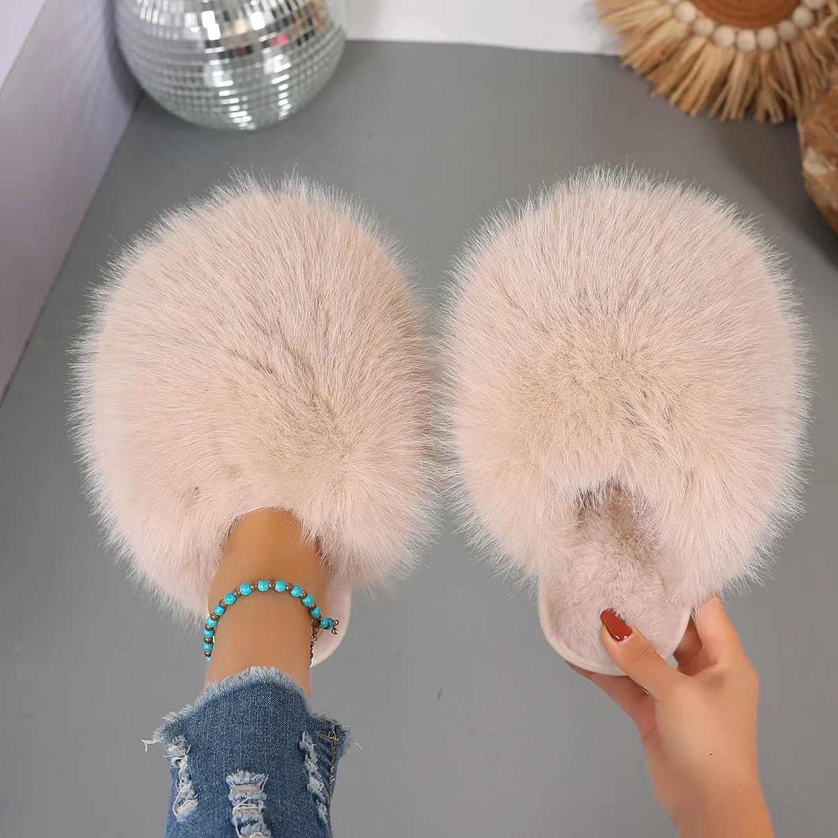 Faux Fur Fluffy Slippers For Women Indoor Street Slides Solid Color Warm Plush Girls Fashion House Shoes Anti-slip Big Size 42