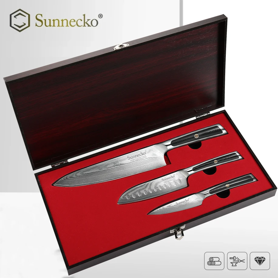 SUNNECKO 8\'\' Chef 5\'\' Santoku 3.5\'\' Paring Knife VG10 Damascus Steel Knives Set Japanese Style Fruit Meat Fishing Fillet Tools