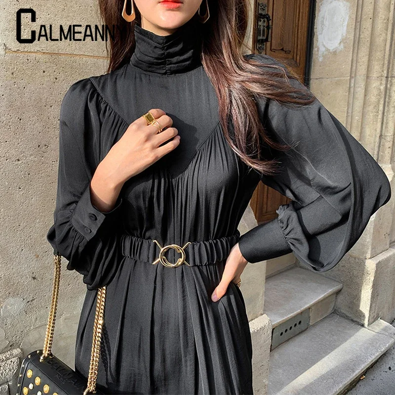 

2023 Turtleneck Elegant Dresses Woman Long Sleeve High Waist Bodycon Dress Female Green Black Chic Korean Dress Woman Spring