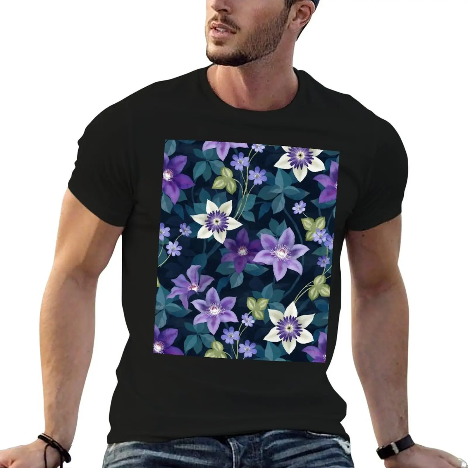 Clematis vines and Liverleaf Anemone flower T-Shirt plus size tops shirts graphic funny t shirts for men