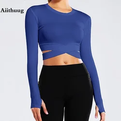 Aiithuug Miidriff uzun kollu Yoga üstleri spor Fitness kırpma üst spor forma Slim Fit koşu tankı üstleri Criss çapraz bel çapraz