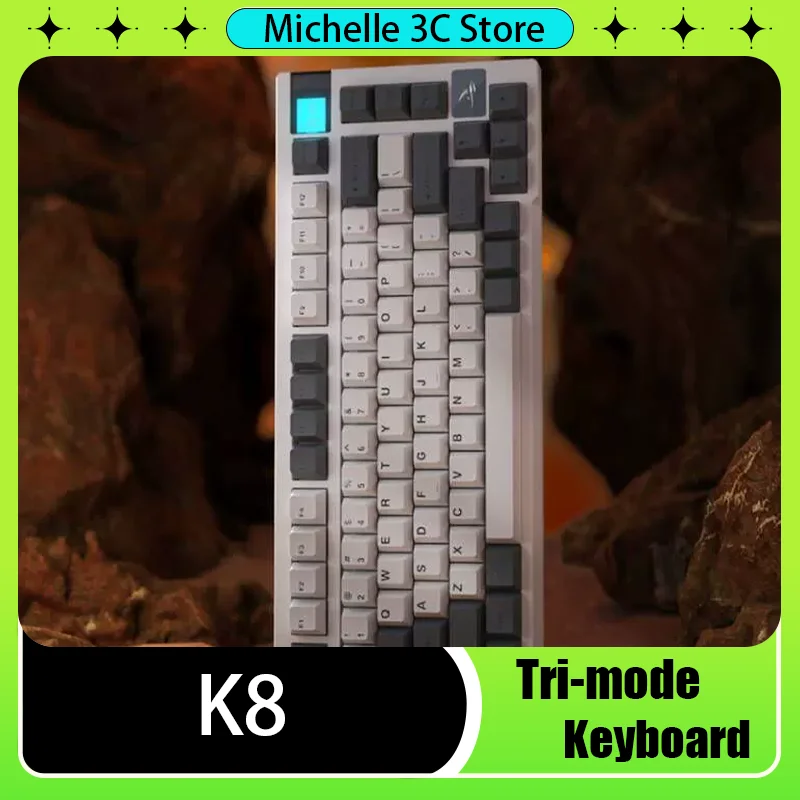 

K8Gastek Mechanical Keyboard Gaming Wireless Bluetooth Tri-mode 81 Key Hot-swapable LED Screen Charging 75% Layout Grey Blue