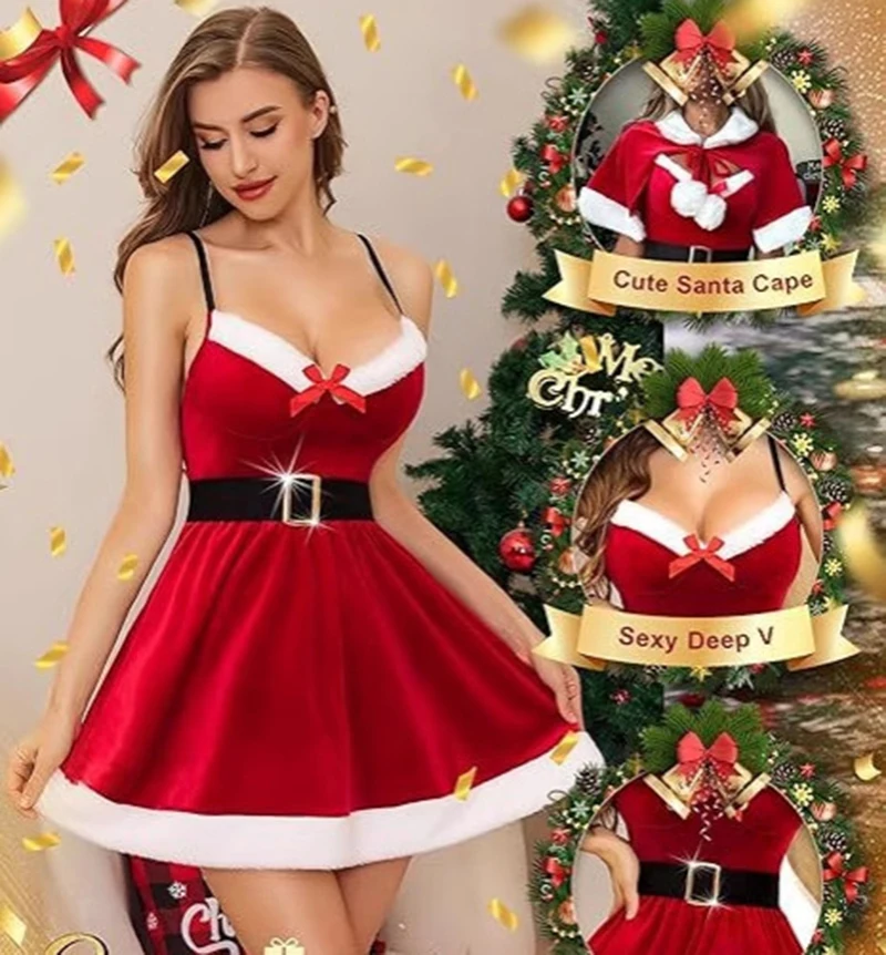 سانتا كلوز زي ملابس عيد الميلاد للنساء فستان عيد الميلاد الأحمر المثير مع كيب 2 قطعة زي سانتا المخملي عيد الميلاد بيبي دول فروي #5