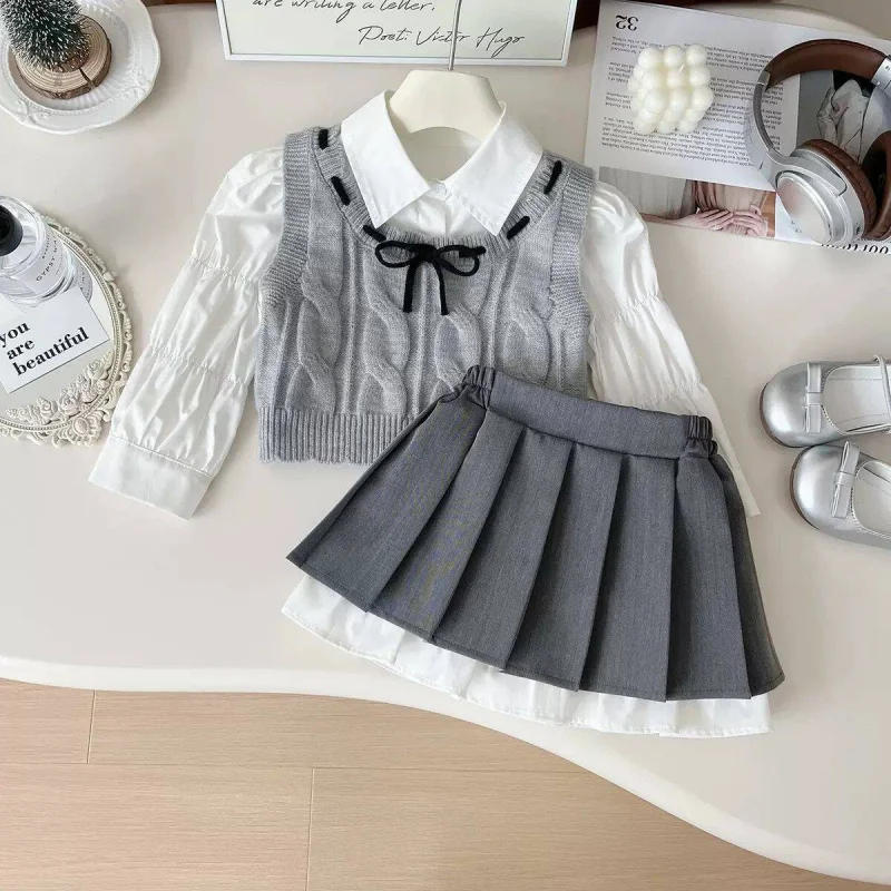 

Girls Suit Spring and Autumn2025New Children's Shirt Knitted Vest Vest Pleated Skirt Three-Piece Set Wholesale