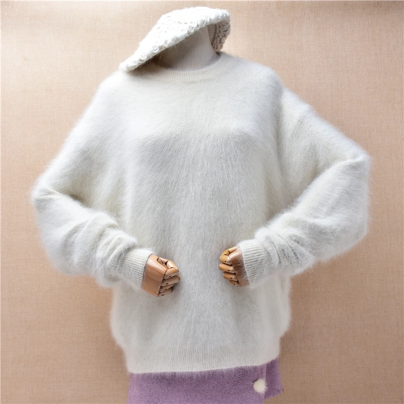 Ladies Women Autumn Winter Clothing Beige Hairy Angora Rabbit Hair Knitted O-Neck Long Sleeves Loose Pullover Sweater Jumper Top