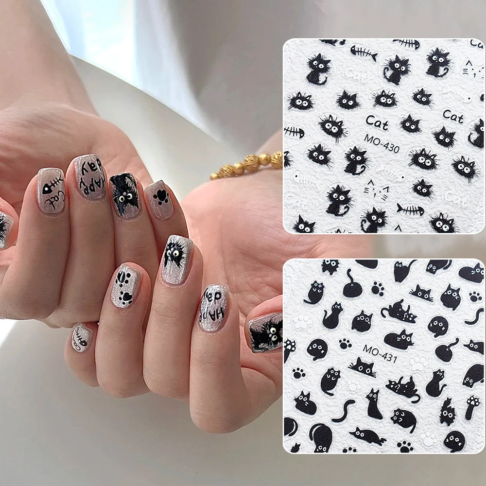 2pcs Set Black Cat 5D Embossed Nail Art Stickers with Fish Bones Cute Funny Accessories for Arylic Nails DIY