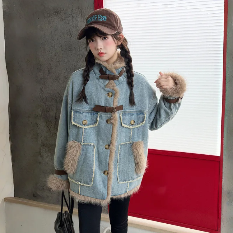 Girls Denim Jacket 2026 Autumn Winter New Fleece Lined Quilted Cotton Coat With Fur Collar Fluffy Spliced Outerwear For Big Kids