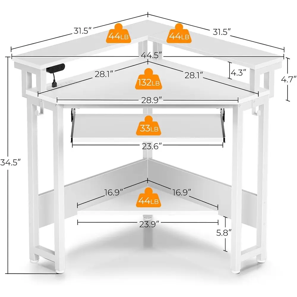 Corner Desk, 44.5" W x 34.5" H Small Computer Desk with Power Outlets, Gaming Desks with LED Lights, Triangle Corner Table with