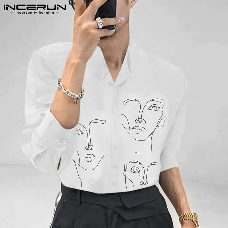 INCERUN-Blusa holgada de estilo Simple para hombre, ropa de calle informal con estampado de cara, Tops, 2023