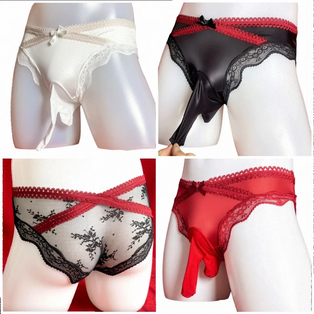 1pc Men Sissy Smooth Glossy Briefs Satin-like Underwear Separate Pouch Lace Briefs Lift Hip Sexy Lingerie Breathable Comfortable