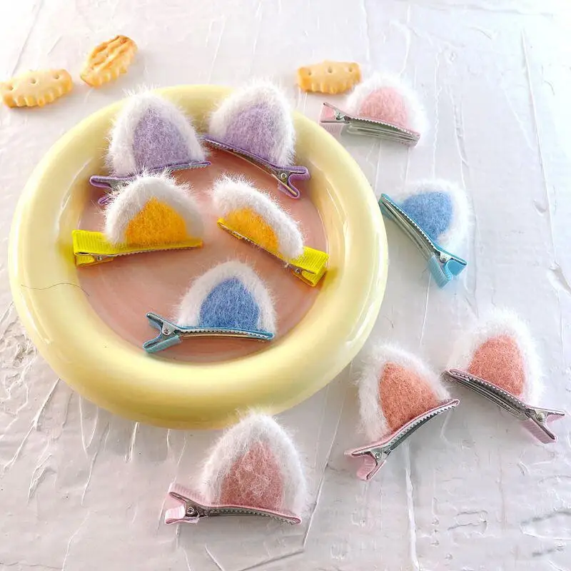 مجموعة مشابك شعر على شكل أذن القطة من القطيفة مكونة من قطعتين بتصميم كرتوني لطيف على الطراز الكوري لإكسسوارات شعر الفتيات الصغيرات