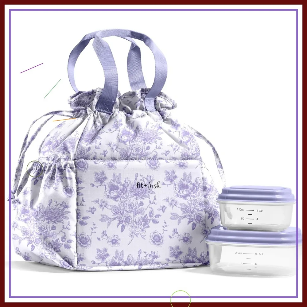 

Women's Drawstring Lunch Bag with Containers, Stain & Leak Resistant, Back to School Essential in Lavender Floral Toile