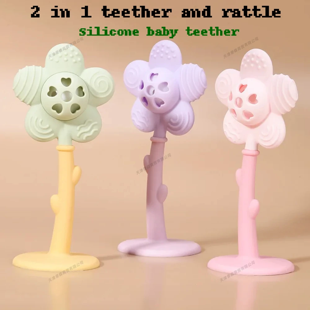 

2 in 1 Flower Baby Teether and Rattle Silicone BPA Free Teething Toy for Infants Toddlers Soft Chew Toy Early Education Gifts