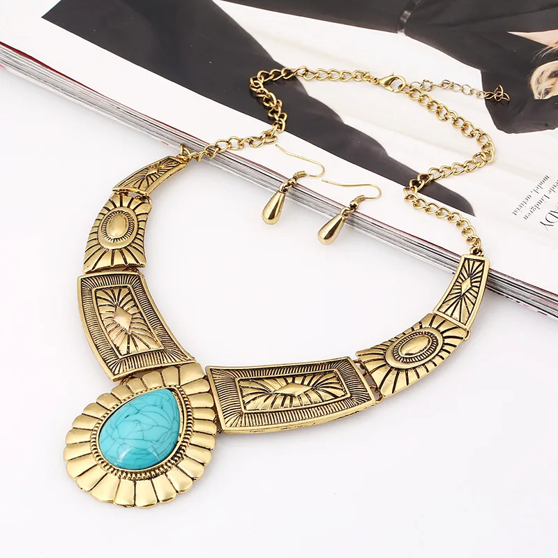 Vintage Indian Jewelry Set Women Alloy Choker Resin Punk Necklace Earring Set Statement Pendant Chain Necklace Set Duftgold