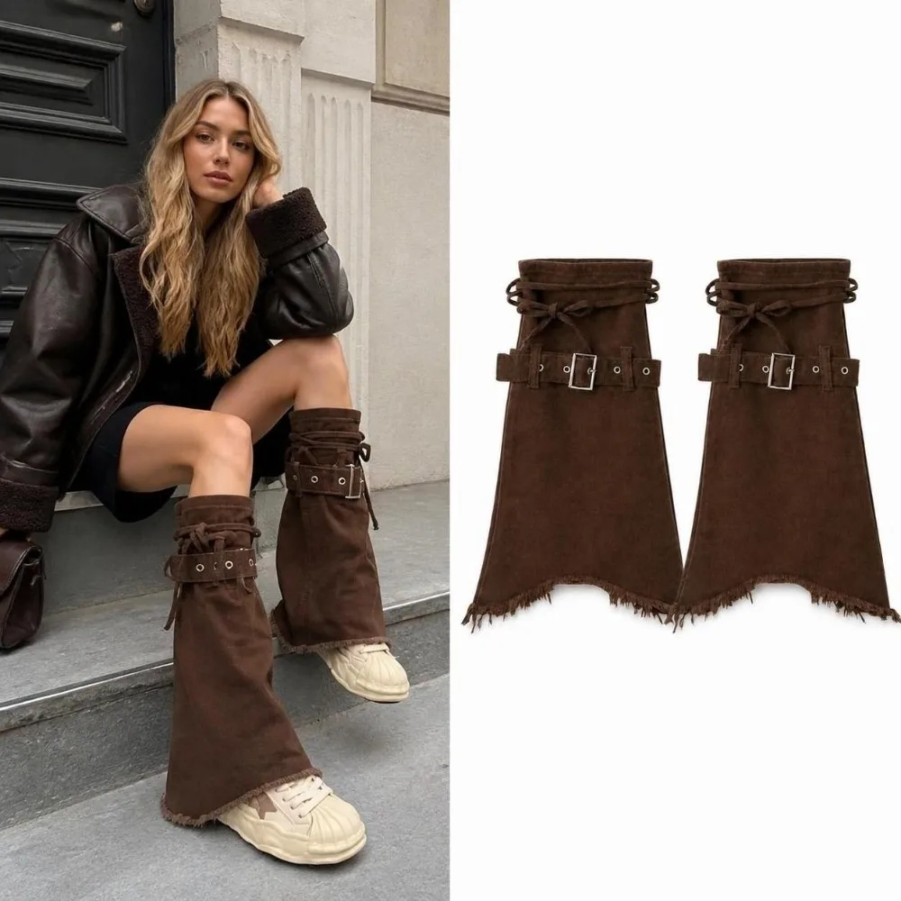 Y2K Washed Denim Denim Leg Warmers Adjustable Buckle Strap Closure Flared Leg Warmers Frayed Boot Cuffs Streetwear Style