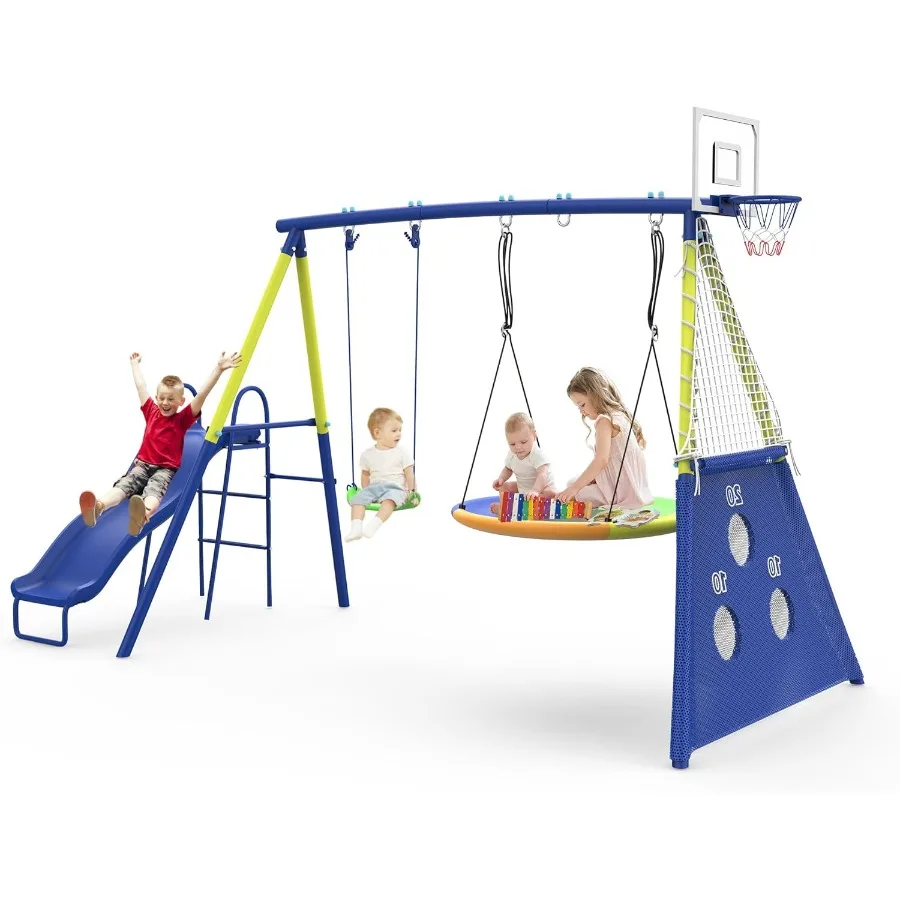 

Heavy-Duty 5 in 1 Outdoor Swing Set with Slide Saucer Swing Swing Seat Soccer Goals Basketball Hoop for Backyard 440lbs Capacit