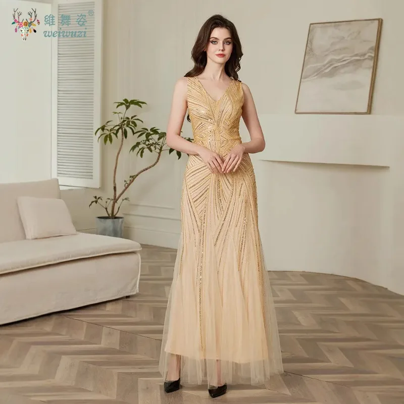 

Темпераментное роскошное банкетное вечернее платье, модное длинное платье трапециевидной формы с глубоким v-образным вырезом и блестками, расшитое бисером